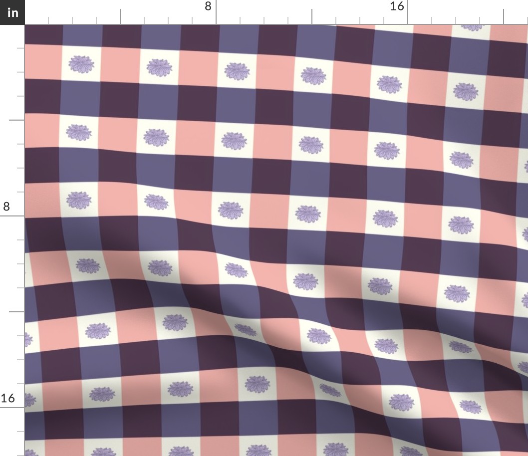 Gingham Peach Purple Floral Lrg Scale