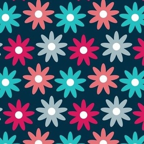 Pink and Blue Colorful Flowers on Dark Blue Background