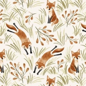 woodland fox in grass - brown ochre and green - medium scale