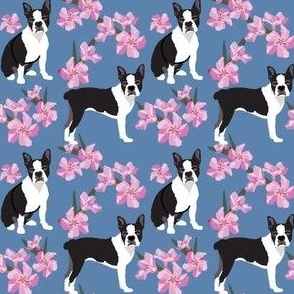 Boston Terrier Dogs and pink flowers blue denim cute puppy - dog fabric floral
