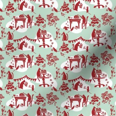 Kitty Cat’s Holiday Traditions Toile Mint Red