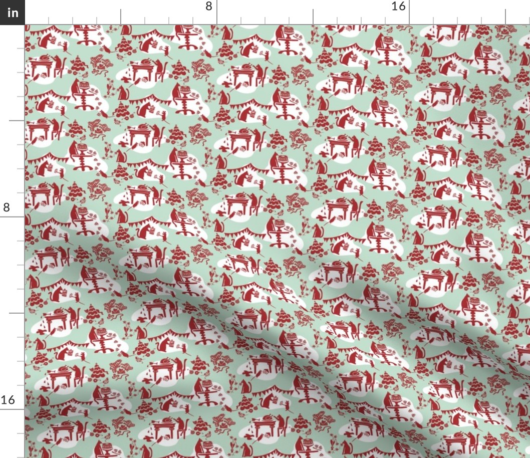 Kitty Cat’s Holiday Traditions Toile Mint Red