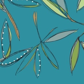 Green Bamboo Leaves Tossed on Lagoon Blue