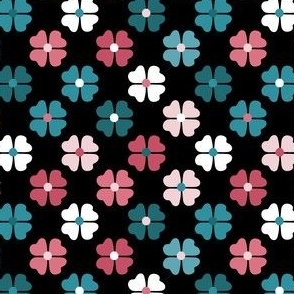  Joy in small places, Flowers on Black, teals, pinks, white, lagoon, petal cotton solids coordinate