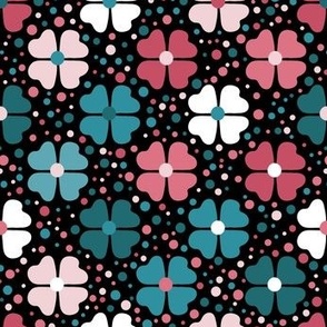  Joy in small places, Flowers & Dots on Black, teals, pinks, white, lagoon, petal cotton solids coordinate