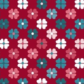   Joy in small places, Flowers  on Deep Red, white, lagoon teal, pinks,