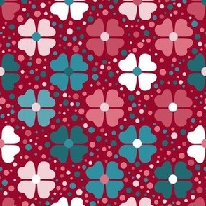  Joy in small places, Flowers & Dots on Deep Red, lagoon, pinks, petal cotton Coordinate  