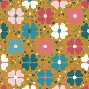 Joy in small places, Flowers & Dots on Deep Gold mustard, pinks, white, lagoon