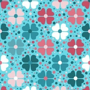 Joy in small places, Flowers & Dots on Sky Blue,  white, reds, lagoon teal 