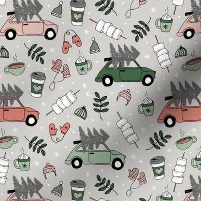 Driving home for Christmas cosy camping winter day mittens leaves and picnic drinks mint green gray burnt orange