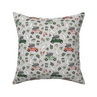 Driving home for Christmas cosy camping winter day mittens leaves and picnic drinks mint green gray burnt orange