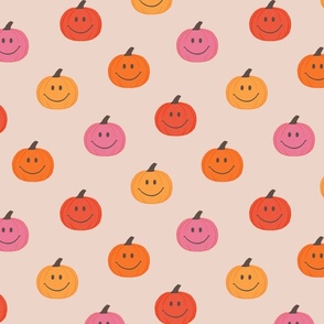 Happy Colorful Pumpkins, Cute and Fun Smiling Pumpkin Pattern in Bright Rose Pink, Tangerine Orange, Mustard Yellow and Hot Red