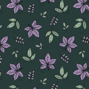 Boho fall garden oak leaves and forest branches winter petals lilac purple mint on green 