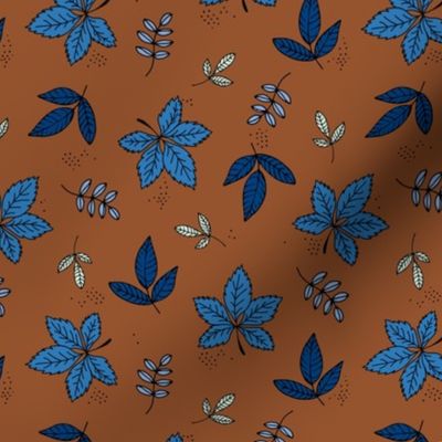 Boho fall garden oak leaves and forest branches winter petals rust caramel eclectic blue navy