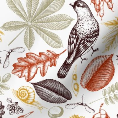 Autumn leaves and birds pattern