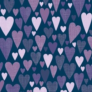 Lots of Hearts - Purples with Texture on Dark Navy Blue