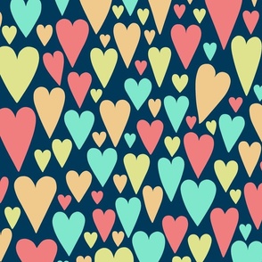 Lots of Hearts - Party Colors on Dark Navy Blue