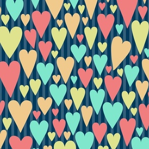 Lots of Hearts - Party Colors on Blue Stripes