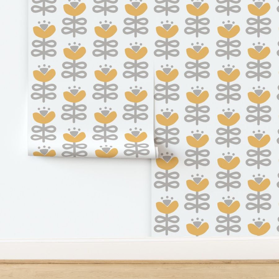 Ochre Yellow and White Large Nordic Floral