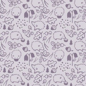 Line Art Animals - Hedgehogs and Blueberries Purple