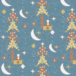 Denim Blue Festive Christmas Trees Modern Toile Block Print effect