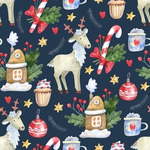 Large Scale Christmas Reindeer Candy Canes Hot Cocoa on Navy