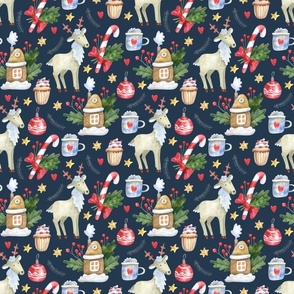 Medium Scale Christmas Reindeer Candy Canes Hot Cocoa on Navy