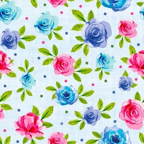 Large Scale Pink Blue Periwinkle Floral Watercolor Rose Flowers 