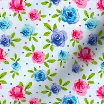 Medium Scale Pink Blue Periwinkle Floral Watercolor Rose Flowers 