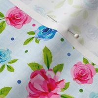 Medium Scale Pink Blue Periwinkle Floral Watercolor Rose Flowers 