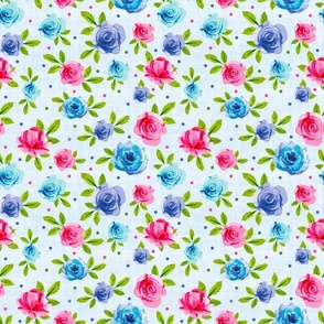 Medium Scale Pink Blue Periwinkle Floral Watercolor Rose Flowers 