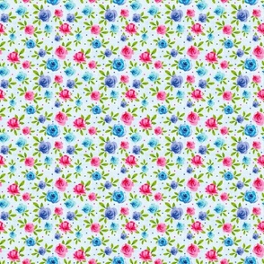 Small Scale Pink Blue Periwinkle Floral Watercolor Rose Flowers 