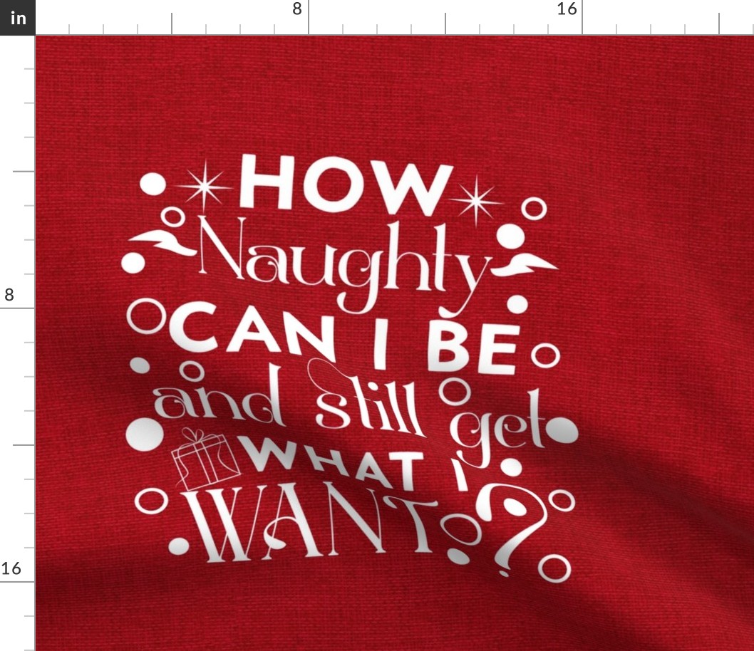 18x18 Square Panel for Cushion or Pillow How Naughty Can I Be and Still Get What I Want Holiday Christmas Humor on Red