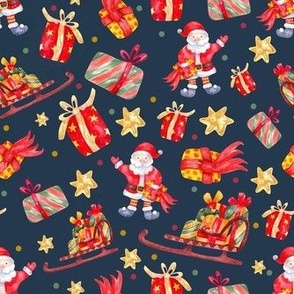 Medium Scale Santa Gifts Stars and Sleighs on Navy