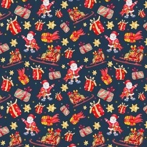 Small Scale Santa Gifts Stars and Sleighs on Navy