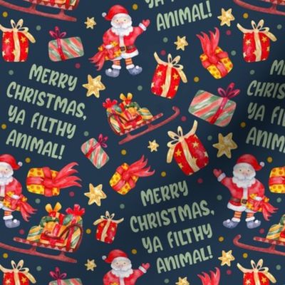 Medium Scale Merry Christmas Ya Filthy Animal Santa Holiday Humor on Navy