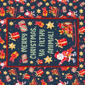 Large 27x18 Panel Merry Christmas Ya Filthy Animal Santa Holiday Humor on Navy for Wall Hanging or Tea Towel