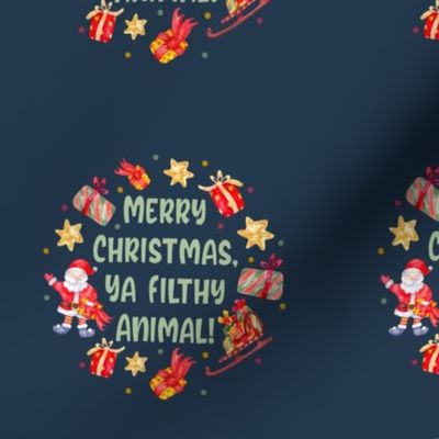 4" Circle Panel Merry Christmas Ya Filthy Animal Santa Holiday Humor on Navy for Embroidery Hoop Projects Quilt Squares Iron on Patches