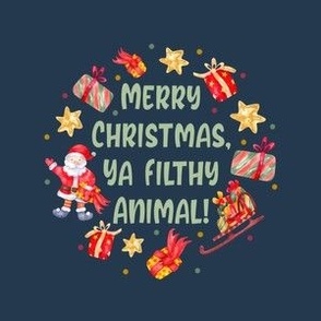 4" Circle Panel Merry Christmas Ya Filthy Animal Santa Holiday Humor on Navy for Embroidery Hoop Projects Quilt Squares Iron on Patches