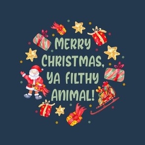 6" Circle Panel Merry Christmas Ya Filthy Animal Santa Holiday Humor on Navy for Embroidery Hoop Projects Quilt Squares