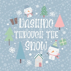 18x18 Square Panel for Cushion or Pillow Dashing Through the Snow Winter Holiday Snowmen