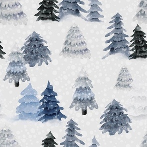 Large Scale Snowy Winter Forest Grey Blue Navy Pine Trees