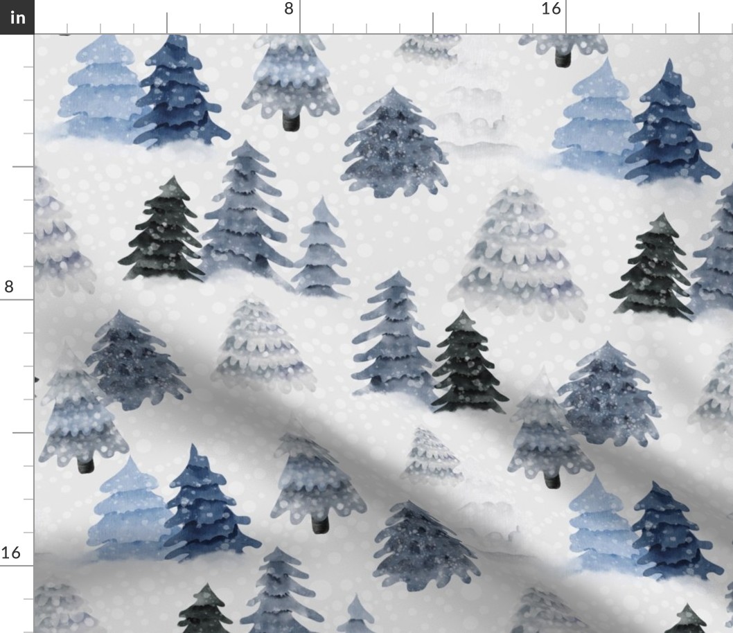 Large Scale Snowy Winter Forest Grey Blue Navy Pine Trees