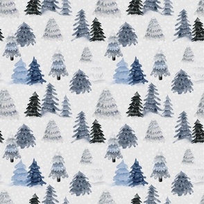 Medium Scale Snowy Winter Forest Grey Blue Navy Pine Trees