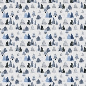 Small Scale Snowy Winter Forest Grey Blue Navy Pine Trees