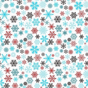 Medium Scale Winter Snowflakes in Blue Red Black Turquoise