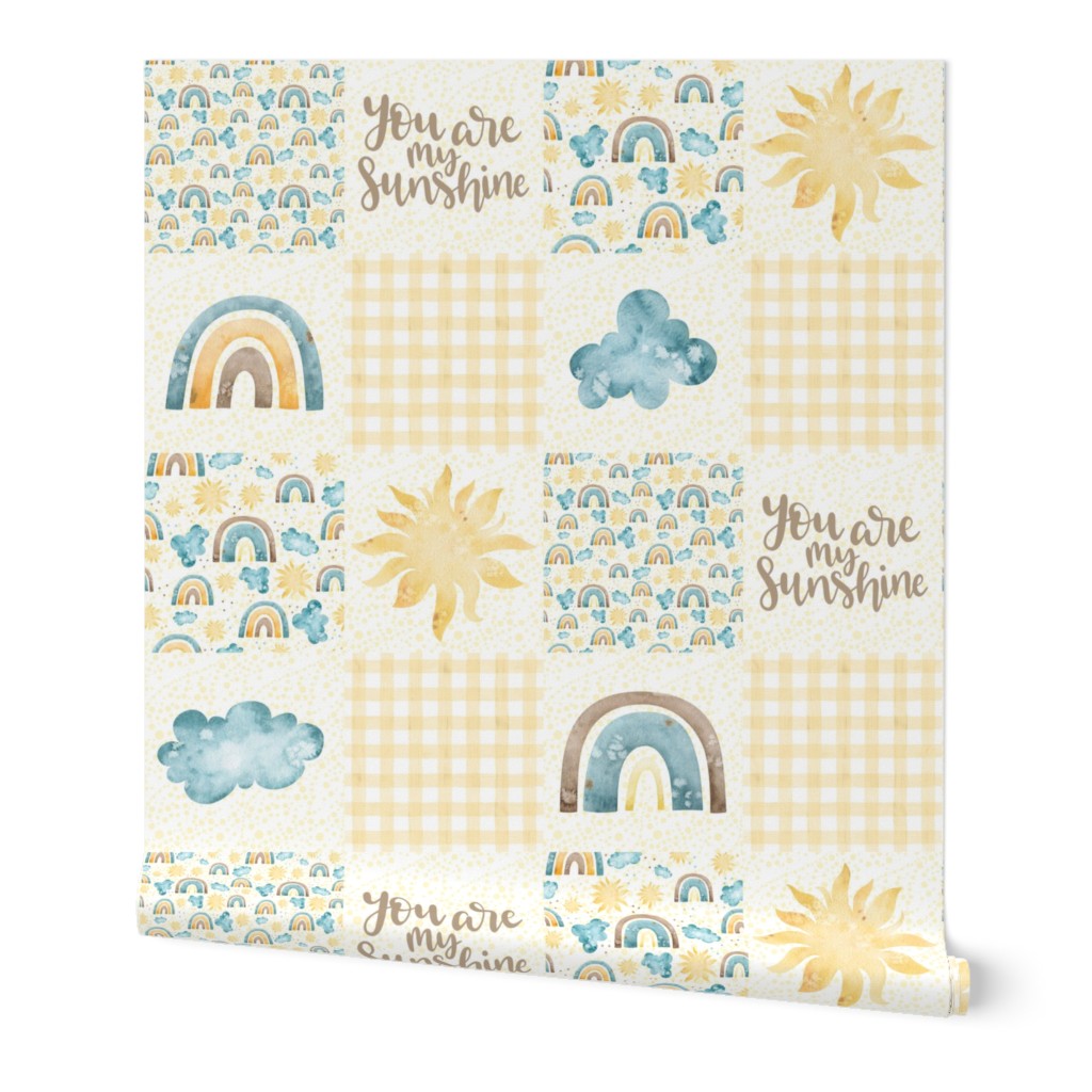 Bigger Scale Patchwork You Are My Sunshine Rainbows Clouds Sky Gender Neutral Nursery 6" Square Cheater Quilt