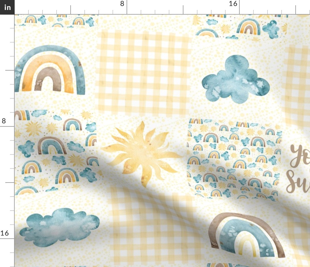 Bigger Scale Patchwork You Are My Sunshine Rainbows Clouds Sky Gender Neutral Nursery 6" Square Cheater Quilt