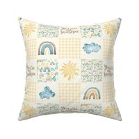 Smaller Scale Patchwork You Are My Sunshine Rainbows Clouds Sky Gender Neutral Nursery 3" Square Cheater Quilt