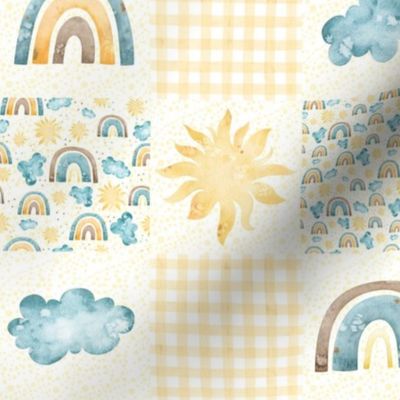 Smaller Scale Patchwork You Are My Sunshine Rainbows Clouds Sky Gender Neutral Nursery 3" Square Cheater Quilt